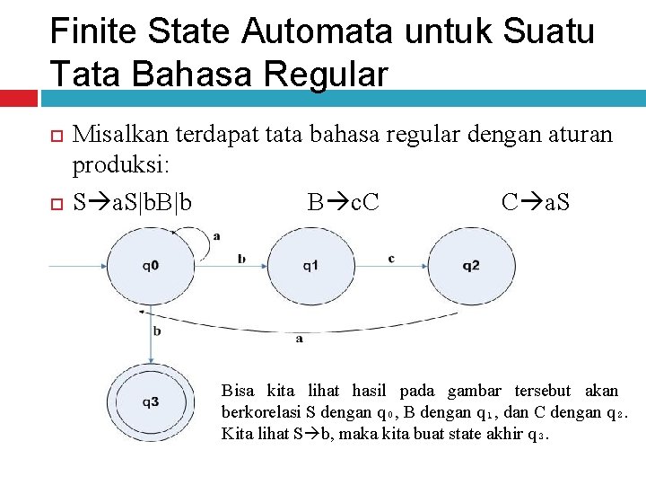 Finite State Automata untuk Suatu Tata Bahasa Regular Misalkan terdapat tata bahasa regular dengan
