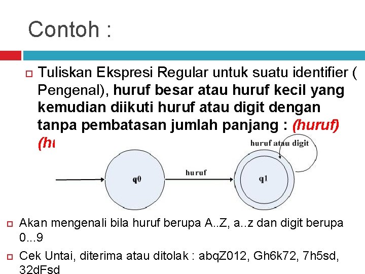 Contoh : Tuliskan Ekspresi Regular untuk suatu identifier ( Pengenal), huruf besar atau huruf