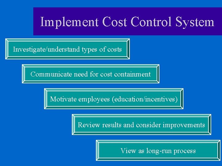 Implement Cost Control System Investigate/understand types of costs Communicate need for cost containment Motivate