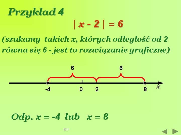 Przykład 4 |x-2|=6 (szukamy takich x, których odległość od 2 równa się 6 -