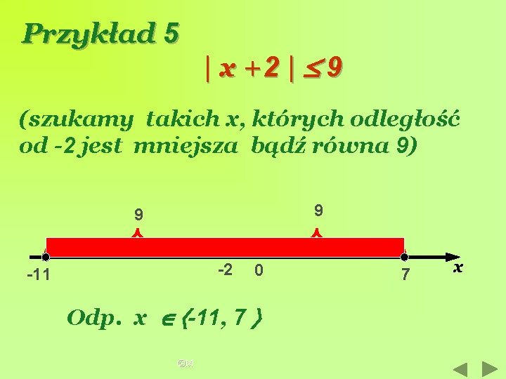 Przykład 5 | x +2 | 9 (szukamy takich x, których odległość od -2