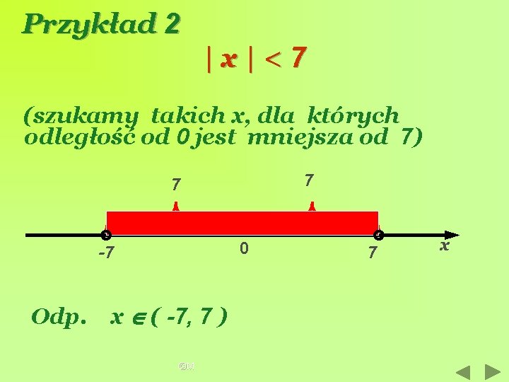 Przykład 2 |x|<7 (szukamy takich x, dla których odległość od 0 jest mniejsza od