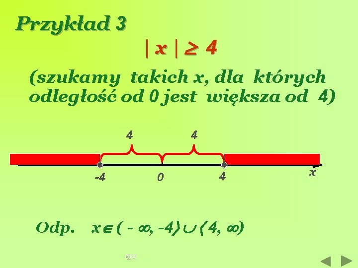 Przykład 3 |x| 4 (szukamy takich x, dla których odległość od 0 jest większa
