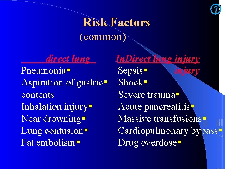 Risk Factors (common) direct lung In. Direct lung injury Pneumonia Sepsis Aspiration of gastric