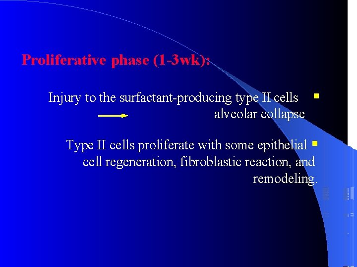 Proliferative phase (1 -3 wk): Injury to the surfactant-producing type II cells alveolar collapse