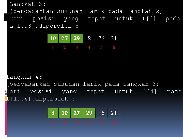 Langkah 3: (berdasarkan susunan larik pada langkah 2) Cari posisi yang tepat untuk L[3]