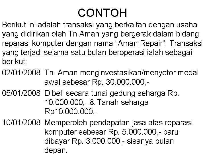 CONTOH Berikut ini adalah transaksi yang berkaitan dengan usaha yang didirikan oleh Tn. Aman