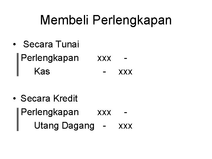 Membeli Perlengkapan • Secara Tunai Perlengkapan Kas xxx - xxx • Secara Kredit Perlengkapan