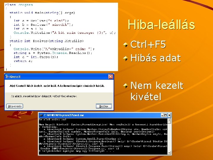 Hiba-leállás Ctrl+F 5 Hibás adat Nem kezelt kivétel J. Zs. Cs. : Vizuális programozás
