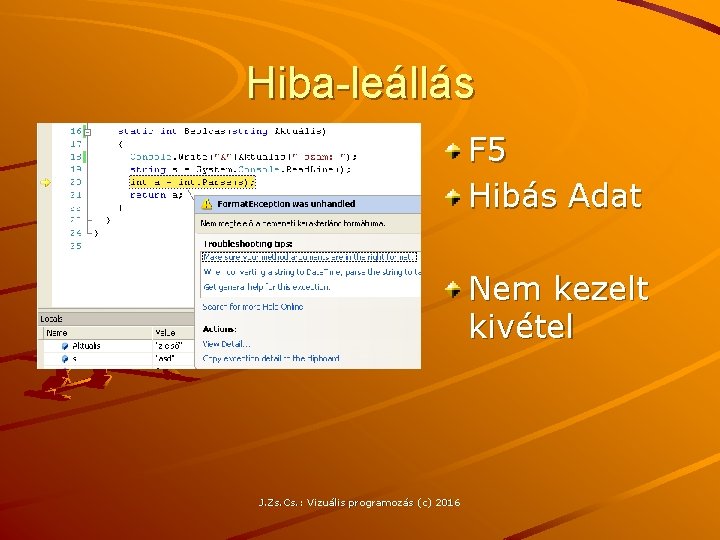 Hiba-leállás F 5 Hibás Adat Nem kezelt kivétel J. Zs. Cs. : Vizuális programozás