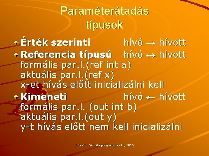 Paraméterátadás típusok Érték szerinti hívó hívott Referencia típusú hívó hívott formális par. l. (ref