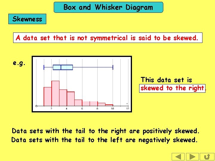 Box and Whisker Diagram Skewness A data set that is not symmetrical is said