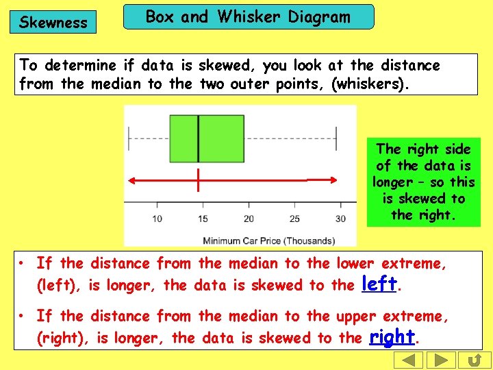 Skewness Box and Whisker Diagram To determine if data is skewed, you look at