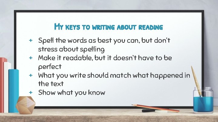 My keys to writing about reading + Spell the words as best you can,