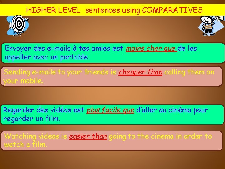 HIGHERLEVEL sentencesusing. COMPARATIVES Envoyer des e-mails à tes amies est moins cher que de