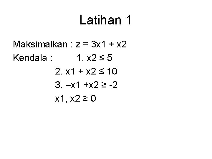 Latihan 1 Maksimalkan : z = 3 x 1 + x 2 Kendala :