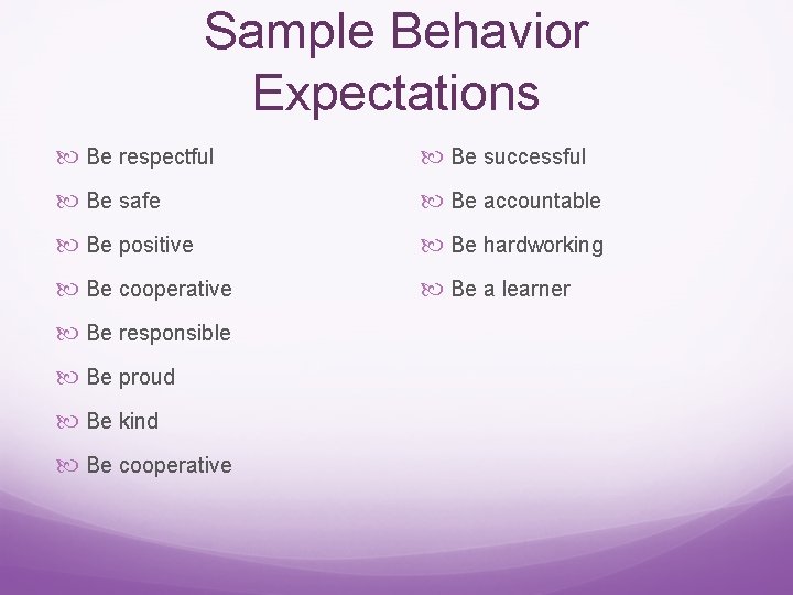 Sample Behavior Expectations Be respectful Be successful Be safe Be accountable Be positive Be