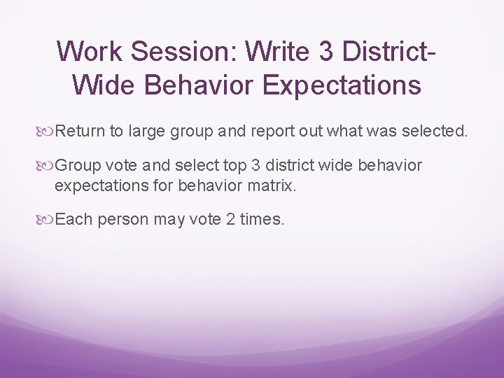 Work Session: Write 3 District. Wide Behavior Expectations Return to large group and report