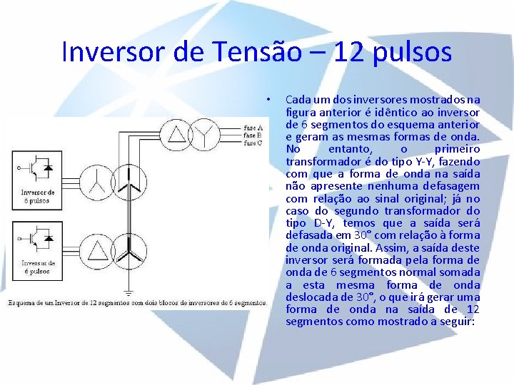 Inversor de Tensão – 12 pulsos • Cada um dos inversores mostrados na figura