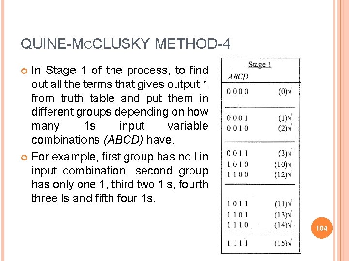 QUINE-MCCLUSKY METHOD-4 In Stage 1 of the process, to find out all the terms