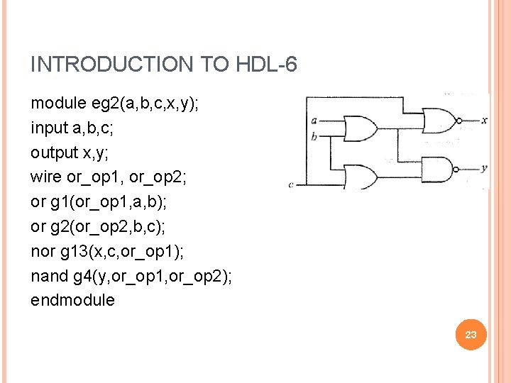 INTRODUCTION TO HDL-6 module eg 2(a, b, c, x, y); input a, b, c;