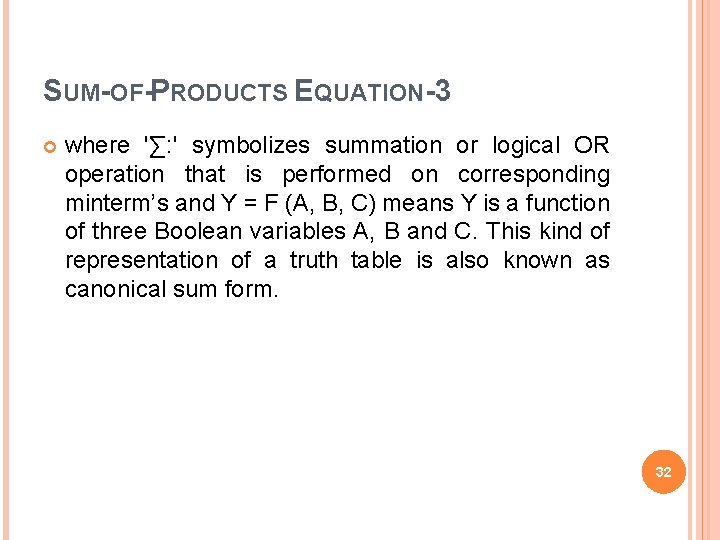 SUM-OF-PRODUCTS EQUATION-3 where '∑: ' symbolizes summation or logical OR operation that is performed