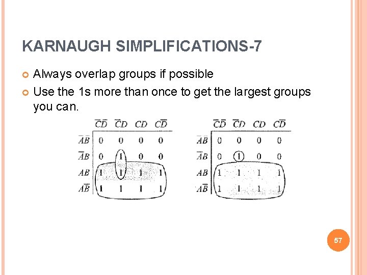 KARNAUGH SIMPLIFICATIONS-7 Always overlap groups if possible Use the 1 s more than once