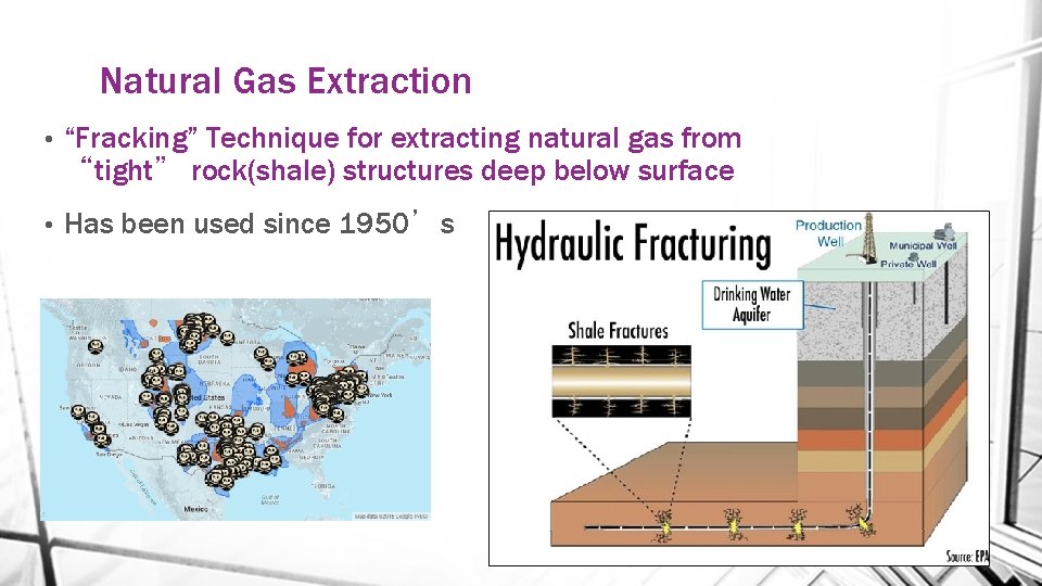 Natural Gas Extraction • “Fracking” Technique for extracting natural gas from “tight” rock(shale) structures