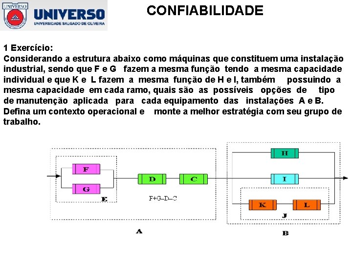 CONFIABILIDADE 1 Exercício: Considerando a estrutura abaixo como máquinas que constituem uma instalação industrial,