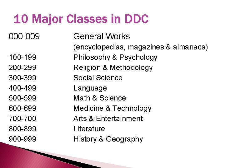 10 Major Classes in DDC 000 -009 General Works 100 -199 200 -299 300