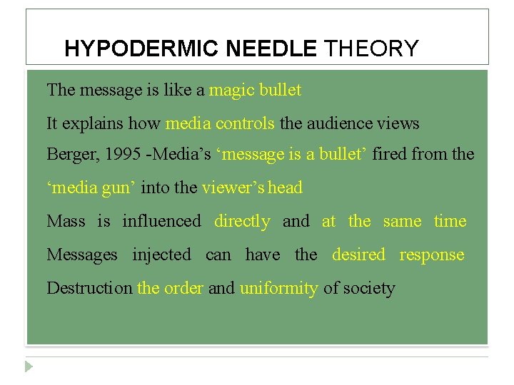 HYPODERMIC NEEDLE THEORY The message is like a magic bullet It explains how media