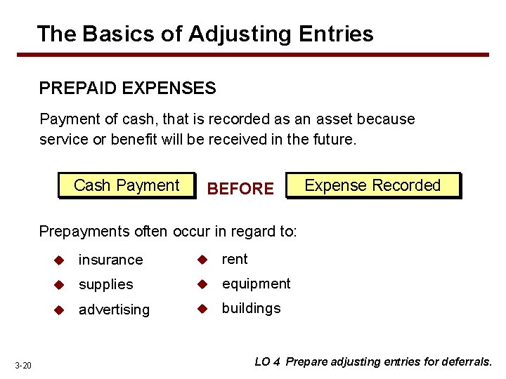 The Basics of Adjusting Entries PREPAID EXPENSES Payment of cash, that is recorded as