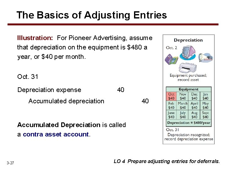 The Basics of Adjusting Entries Illustration: For Pioneer Advertising, assume that depreciation on the