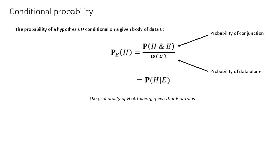 Conditional probability The probability of a hypothesis H conditional on a given body of