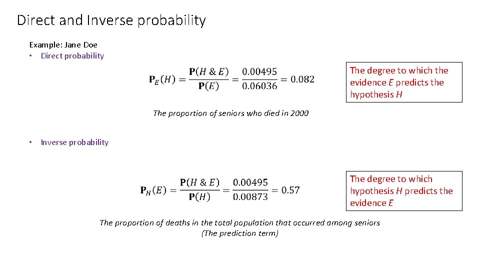 Direct and Inverse probability Example: Jane Doe • Direct probability The degree to which