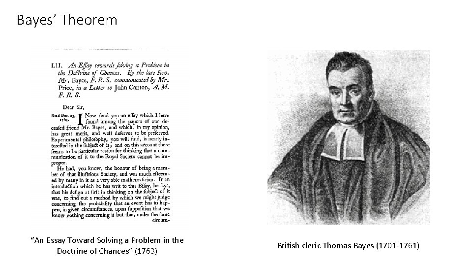 Bayes’ Theorem “An Essay Toward Solving a Problem in the Doctrine of Chances” (1763)
