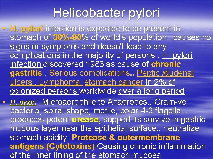 Helicobacter pylori § H. pylori infection is expected to be present in stomach of