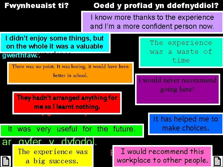 Fwynheuaist ti? Oedd y profiad yn ddefnyddiol? I know more thanks to thei’rexperience Dw