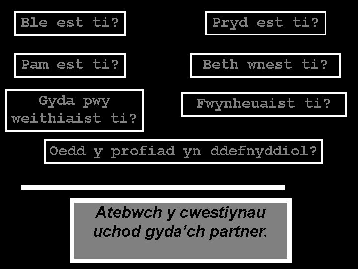 Ble est ti? Pryd est ti? Pam est ti? Beth wnest ti? Gyda pwy