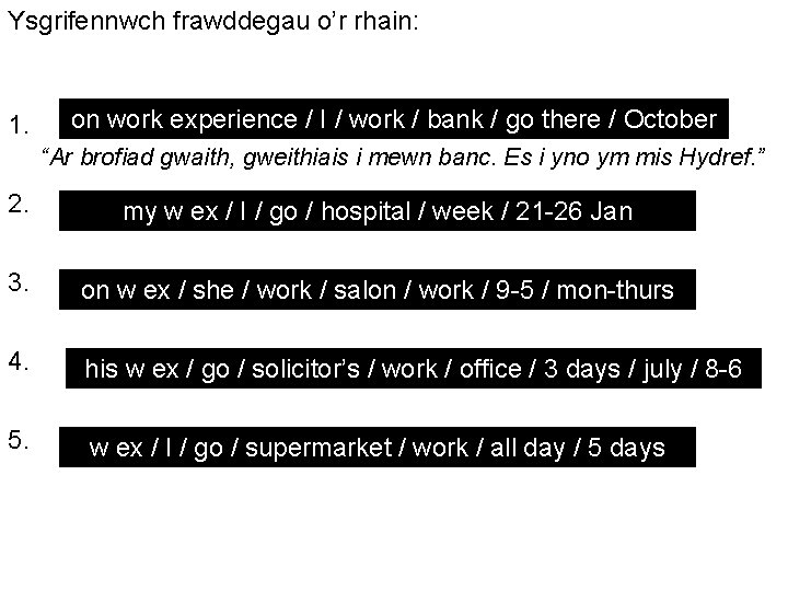 Ysgrifennwch frawddegau o’r rhain: 1. on work experience / I / work / bank