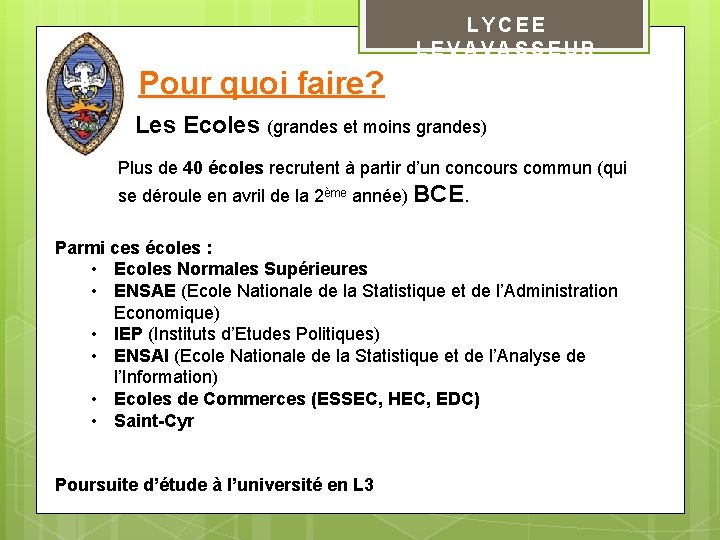 LYCEE LEVAVASSEUR Pour quoi faire? Les Ecoles (grandes et moins grandes) Plus de 40