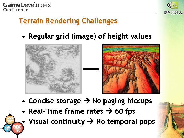 Terrain Rendering Challenges • Regular grid (image) of height values • Concise storage No