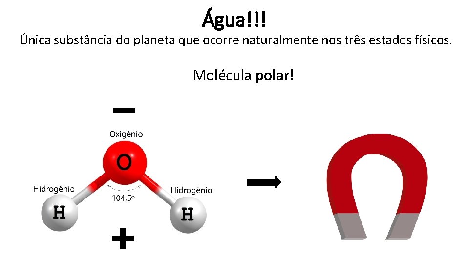 Água!!! Única substância do planeta que ocorre naturalmente nos três estados físicos. Molécula polar!