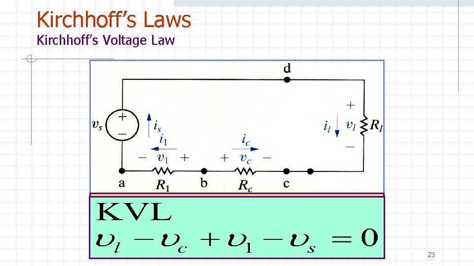 Kirchhoff’s Laws Kirchhoff’s Voltage Law The algebraic sum of all voltages around any closed