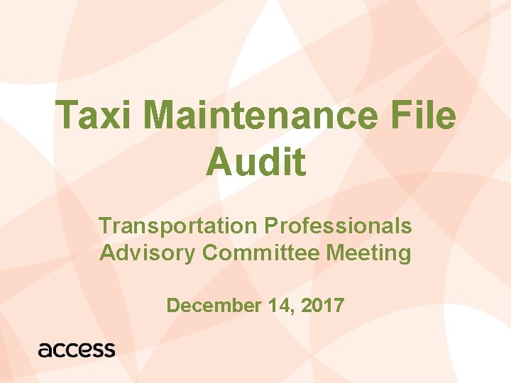 Taxi Maintenance File Audit Transportation Professionals Advisory Committee Meeting December 14, 2017 