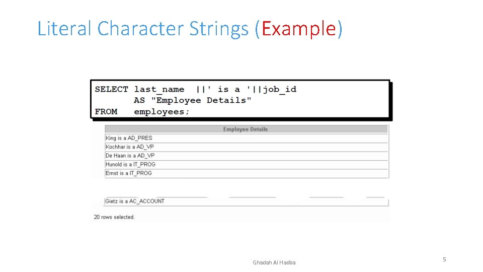Literal Character Strings (Example) Ghadah Al Hadba 5 Literal Character Strings (Example) Ghadah Al Hadba 5