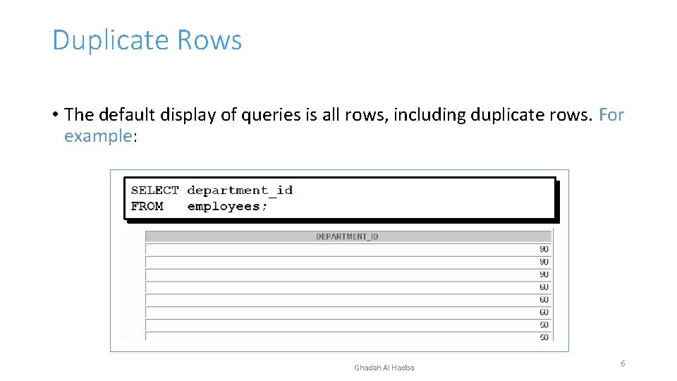 Duplicate Rows • The default display of queries is all rows, including duplicate rows. Duplicate Rows • The default display of queries is all rows, including duplicate rows.