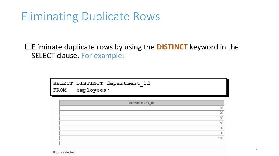 Eliminating Duplicate Rows �Eliminate duplicate rows by using the DISTINCT keyword in the SELECT Eliminating Duplicate Rows �Eliminate duplicate rows by using the DISTINCT keyword in the SELECT