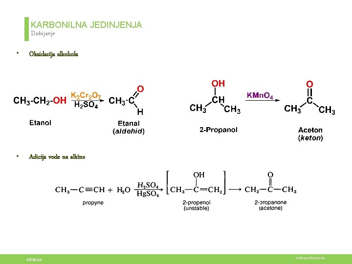 KARBONILNA JEDINJENJA Dobijanje • Oksidacija alkohola • Adicija vode na alkine HEMIJA STOMATOLOGIJA 