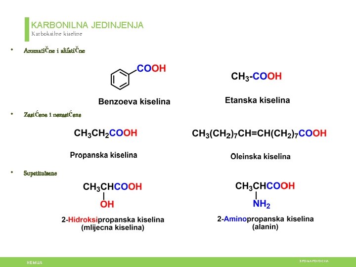 KARBONILNA JEDINJENJA Karboksilne kiseline • Aromatične i alifatične • Zasićene i nezasićene • Supstituisane